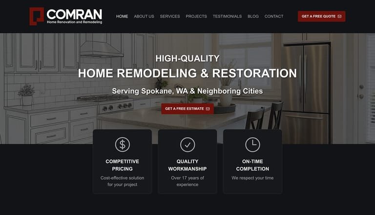 Construction company website for home remodeling and restoration services in Spokane, WA, showcasing residential renovation projects and local contractor services