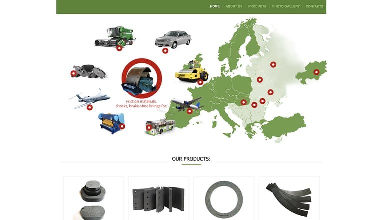 Industrial manufacturing website for Shinkarenko, a producer of friction materials and brake pads for automotive and industrial equipment, certified to ISO 9001 standards
